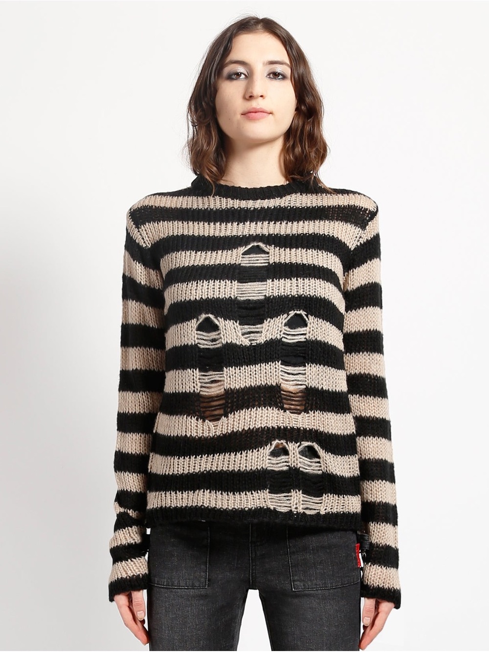 Tripp NYC Black Beige Knit Rag Striped Distressed Sweater Long Sleeve size M